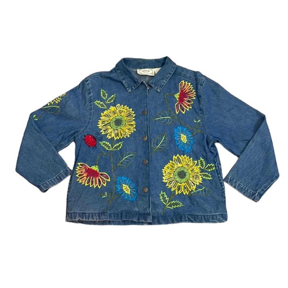 Tantrums Vintage Sequin Sunflower Floral Ladybug Denim Jacket Size Large